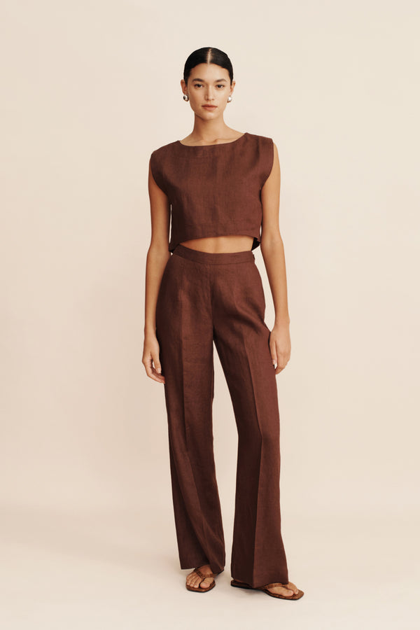 Piper Linen Pleat Front Wide Leg Pant In Chocolate | MYER