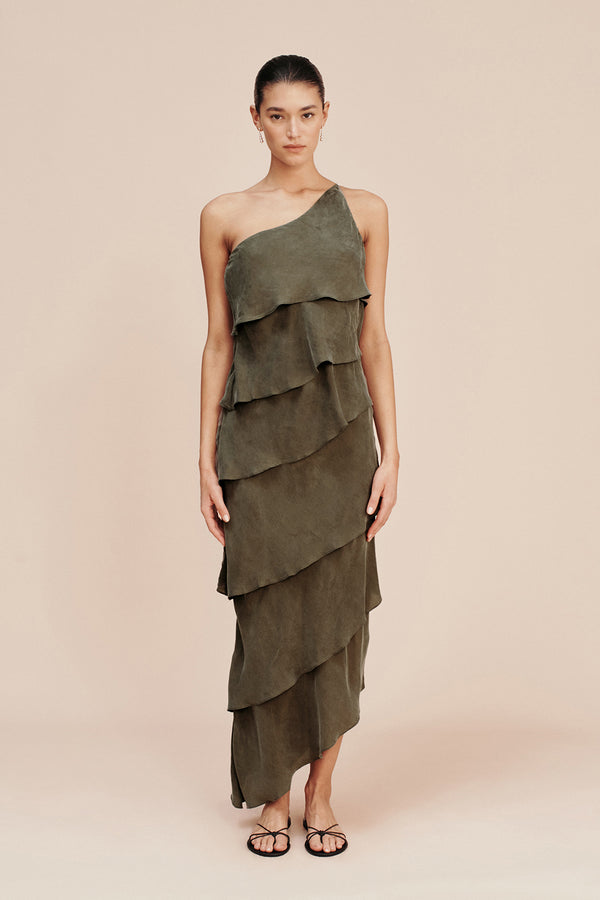 One shoulder olive sales green dress